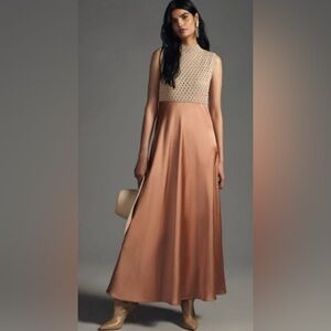 Anthropologie Mare Mare x Sleeveless Maxi Dress Mock Neck Crochet Faux Silk 2X